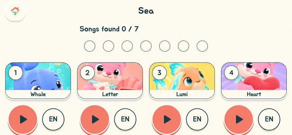 The prototype's song shelf: 'Songs found 0 / 7' above four cards named Whale, Letter, Lumi and Heart, each with a play button.