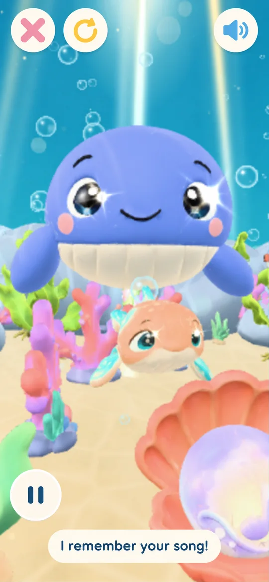 Episode 1 of the prototype: Miru the whale beside a small orange fish and a glowing pearl in a shell, with the caption 'I remember your song!'